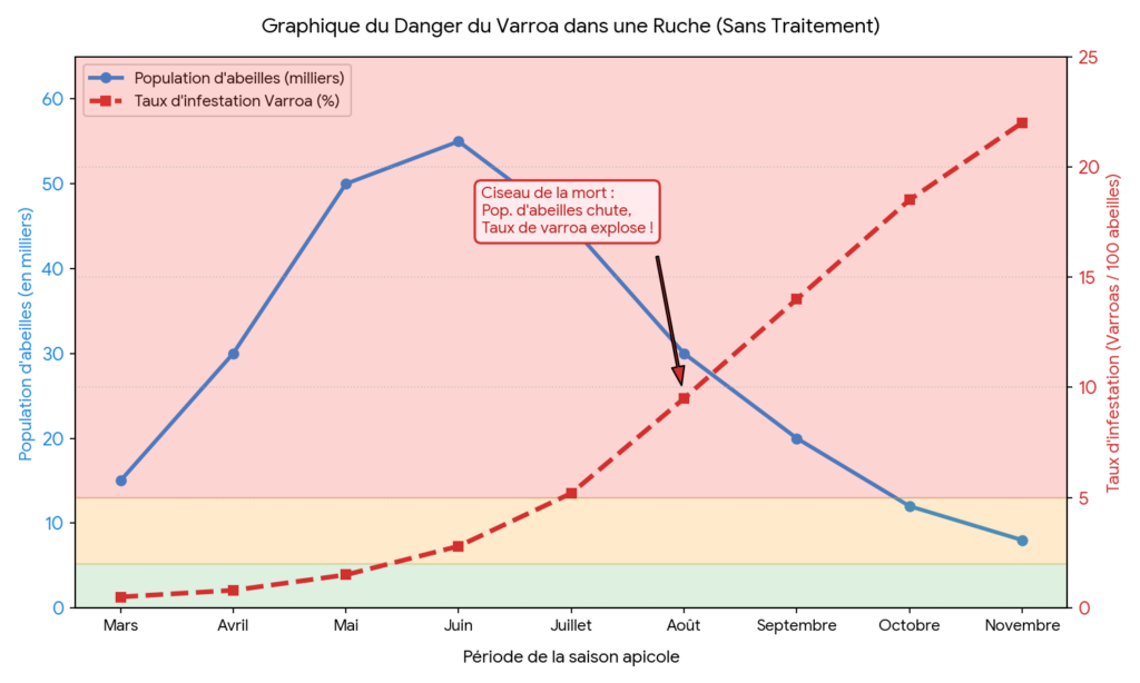 Graphique sur le danger du varroa dans une ruche